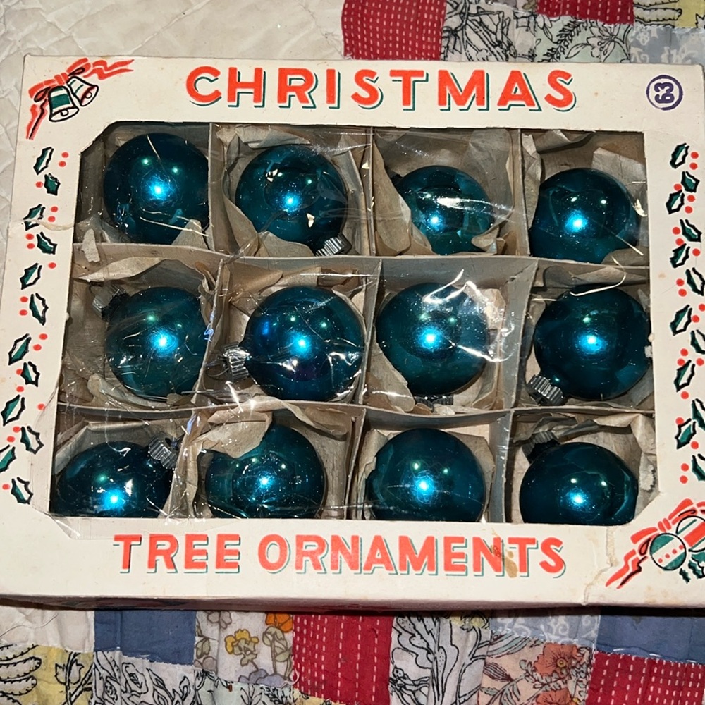 Vintage Shiny Brite USA blue glass Christmas ornaments